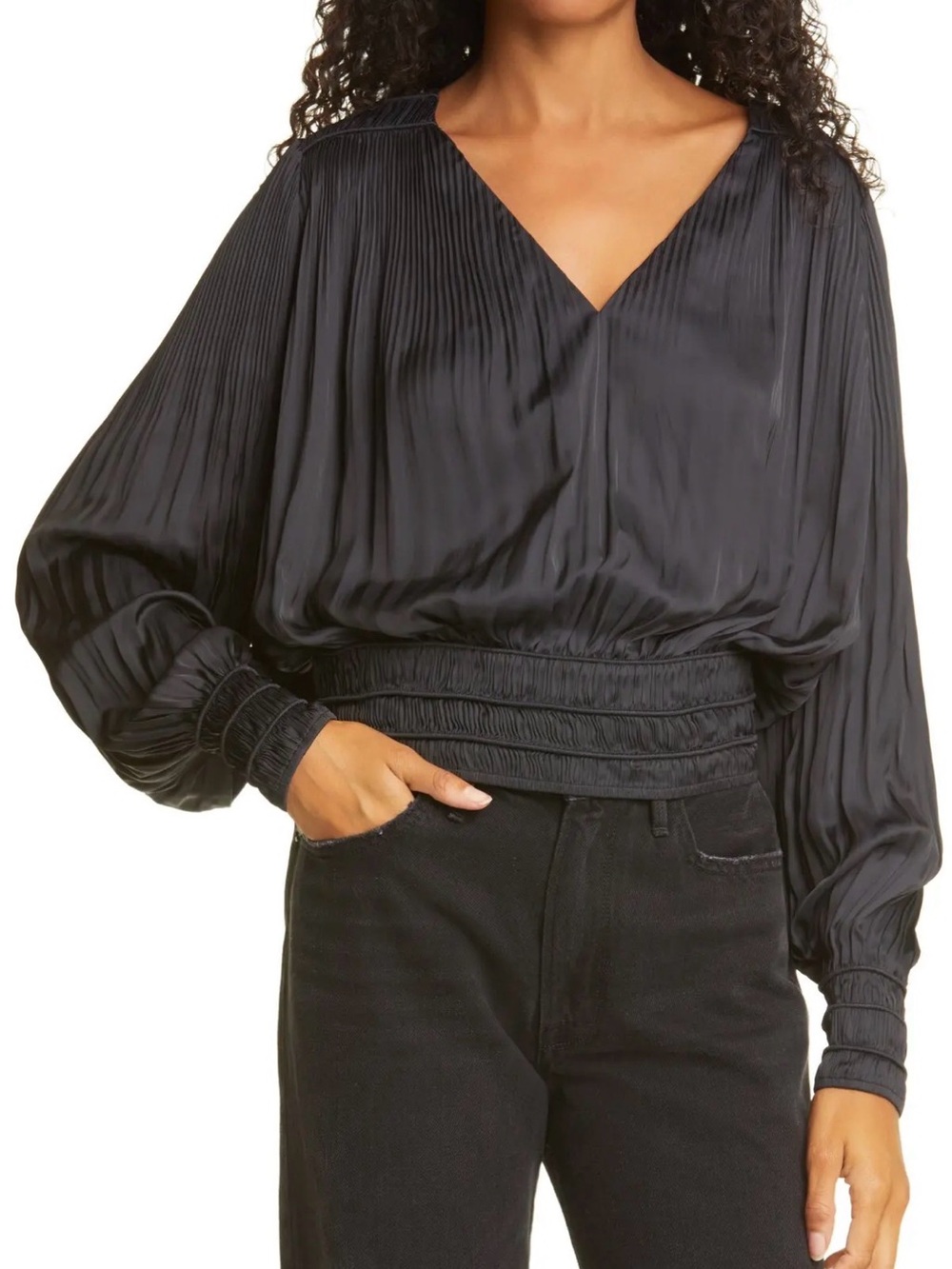 (NWT) FRAME Satin Pleated V-Neck Blouson Top with Accordion Balloon Long Sleeves
